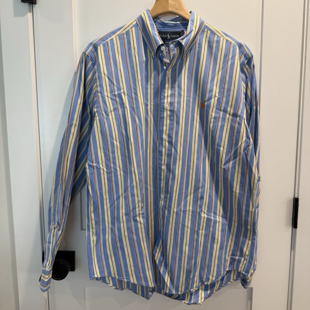 Polo Ralph Lauren Classic Fit Blue Multi Stripe Oxford Shirt Mens L Button Down‎